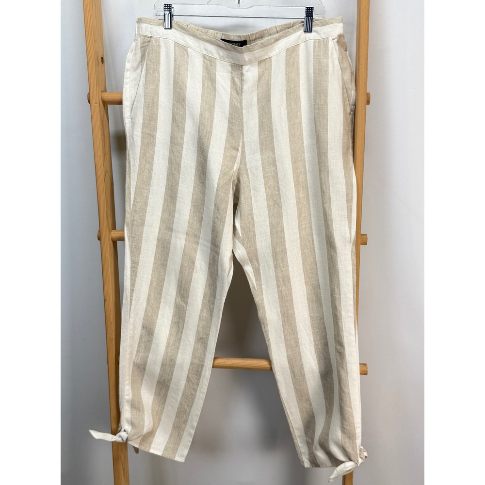 Ellen Tracy Striped Linen khaki White pants Tie Hem Crop Trousers Womens Sz L